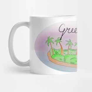 Greece watercolor Island travel, beach, sea and palm trees. Holidays and vacation, summer and relaxation Mug